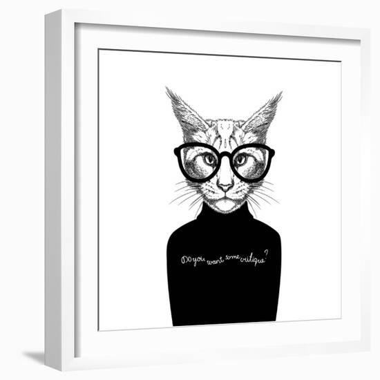 Hand Drawn Stylized Portrait of Cat Look like Critique, Whose Wearing Glasses and a Sweater.-artant-Framed Art Print