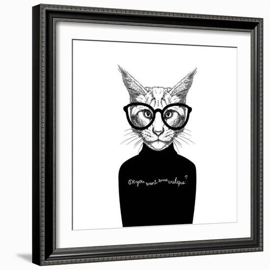 Hand Drawn Stylized Portrait of Cat Look like Critique, Whose Wearing Glasses and a Sweater.-artant-Framed Art Print