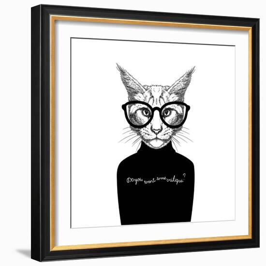 Hand Drawn Stylized Portrait of Cat Look like Critique, Whose Wearing Glasses and a Sweater.-artant-Framed Art Print