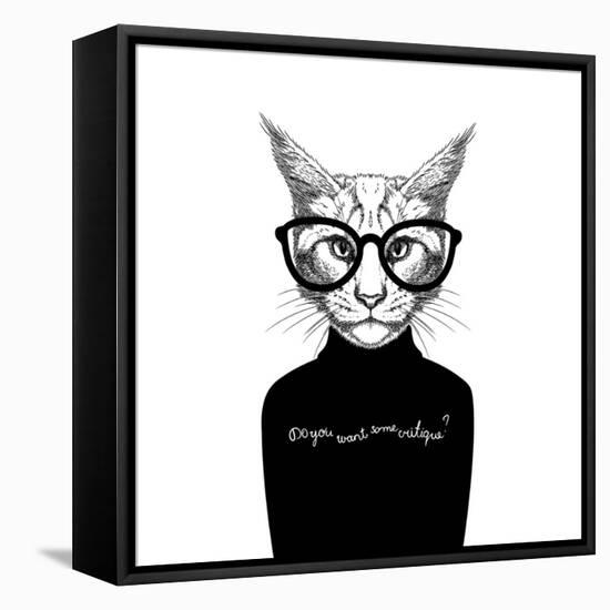 Hand Drawn Stylized Portrait of Cat Look like Critique, Whose Wearing Glasses and a Sweater.-artant-Framed Stretched Canvas
