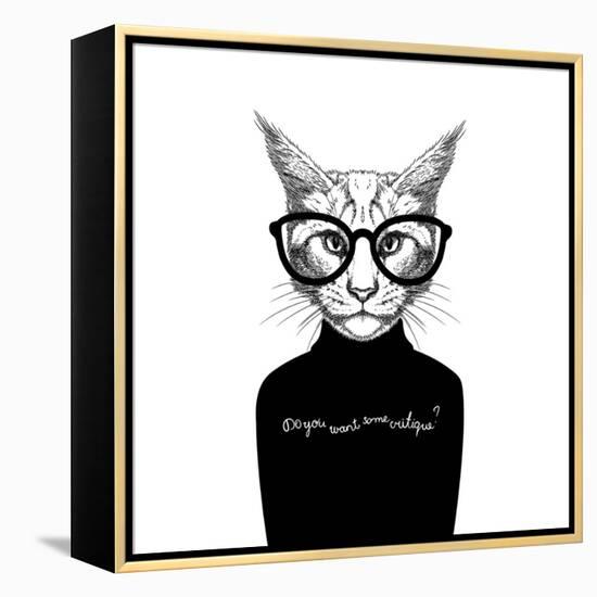 Hand Drawn Stylized Portrait of Cat Look like Critique, Whose Wearing Glasses and a Sweater.-artant-Framed Stretched Canvas
