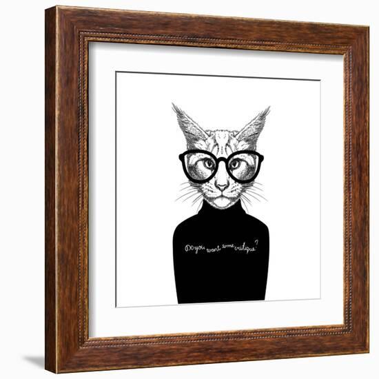 Hand Drawn Stylized Portrait of Cat Look like Critique, Whose Wearing Glasses and a Sweater.-artant-Framed Art Print