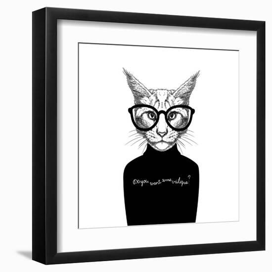 Hand Drawn Stylized Portrait of Cat Look like Critique, Whose Wearing Glasses and a Sweater.-artant-Framed Art Print