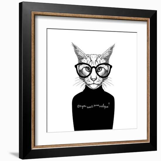 Hand Drawn Stylized Portrait of Cat Look like Critique, Whose Wearing Glasses and a Sweater.-artant-Framed Art Print