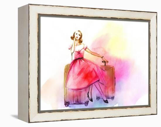 Hand Drawn Traveling Woman with Luggage-Anna Ismagilova-Framed Stretched Canvas