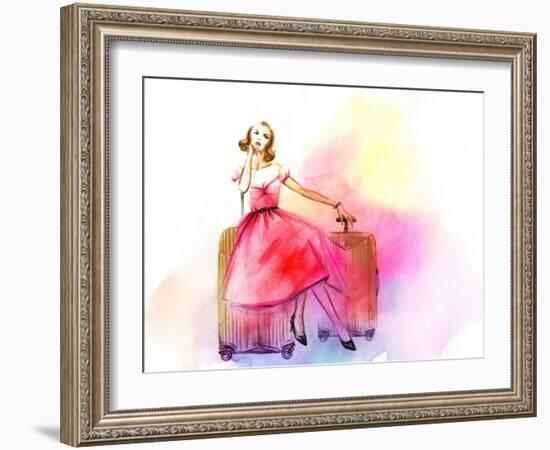 Hand Drawn Traveling Woman with Luggage-Anna Ismagilova-Framed Art Print