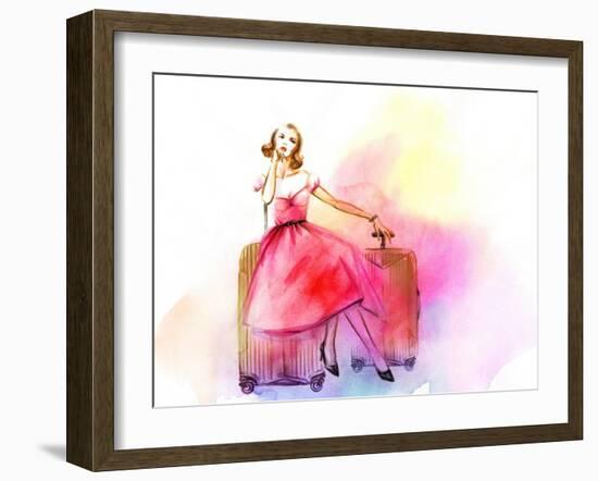 Hand Drawn Traveling Woman with Luggage-Anna Ismagilova-Framed Art Print