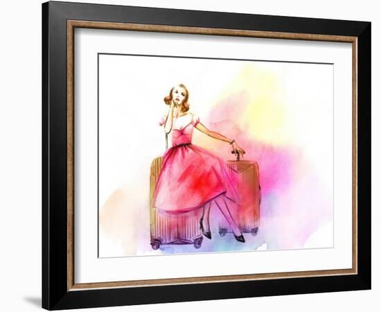 Hand Drawn Traveling Woman with Luggage-Anna Ismagilova-Framed Art Print