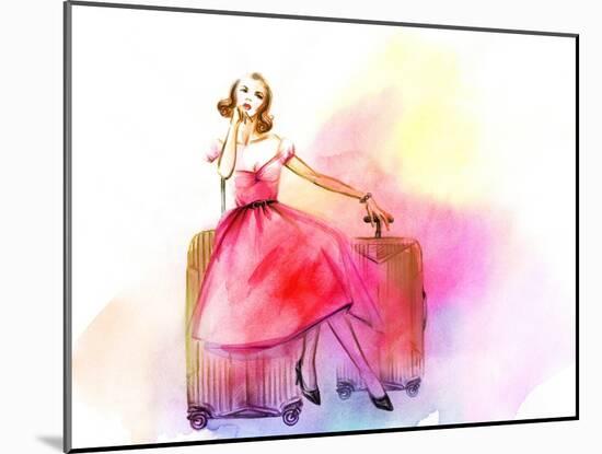 Hand Drawn Traveling Woman with Luggage-Anna Ismagilova-Mounted Art Print