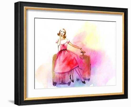 Hand Drawn Traveling Woman with Luggage-Anna Ismagilova-Framed Art Print