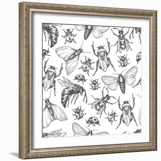 Hand Drawn Vector Pattern with Insects in Different Poses. Moth, Butterfly, Bee, Bumblebee, Ladybug-Olga Olmix-Framed Art Print