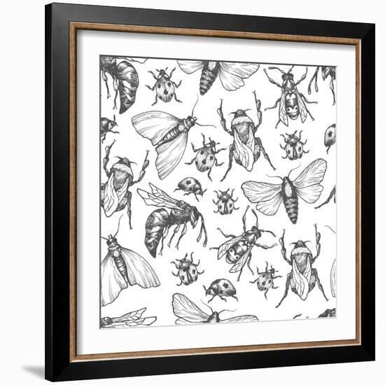 Hand Drawn Vector Pattern with Insects in Different Poses. Moth, Butterfly, Bee, Bumblebee, Ladybug-Olga Olmix-Framed Art Print