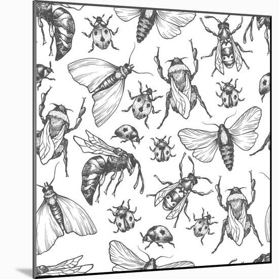 Hand Drawn Vector Pattern with Insects in Different Poses. Moth, Butterfly, Bee, Bumblebee, Ladybug-Olga Olmix-Mounted Art Print