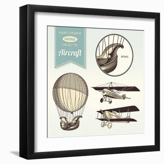Hand-Drawn Vintage Aircraft Illustrations - Hot Air Balloon, Airplane and Biplane-shootandwin-Framed Art Print