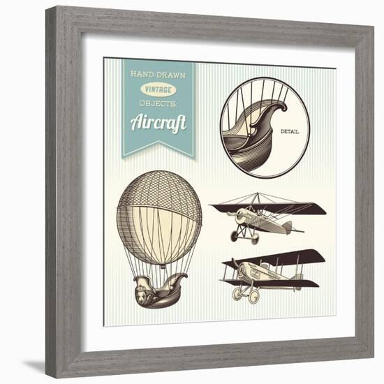 Hand-Drawn Vintage Aircraft Illustrations - Hot Air Balloon, Airplane and Biplane-shootandwin-Framed Art Print