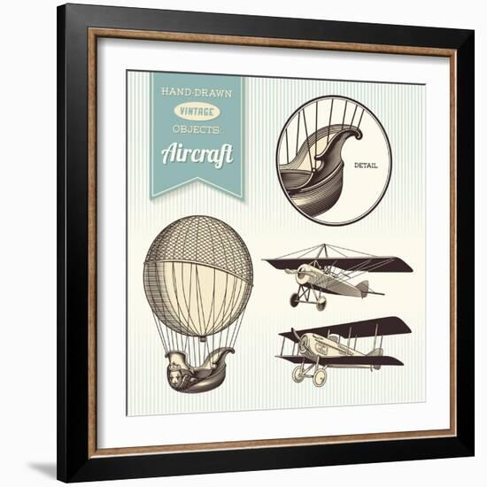 Hand-Drawn Vintage Aircraft Illustrations - Hot Air Balloon, Airplane and Biplane-shootandwin-Framed Art Print