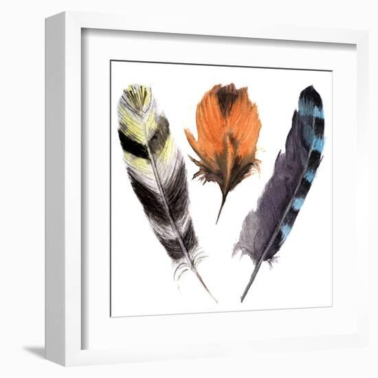Hand Drawn Watercolor Vibrant Feather Set. Boho Feather Style. Illustration Feather. Isolated on Wh-Y_D-Framed Art Print