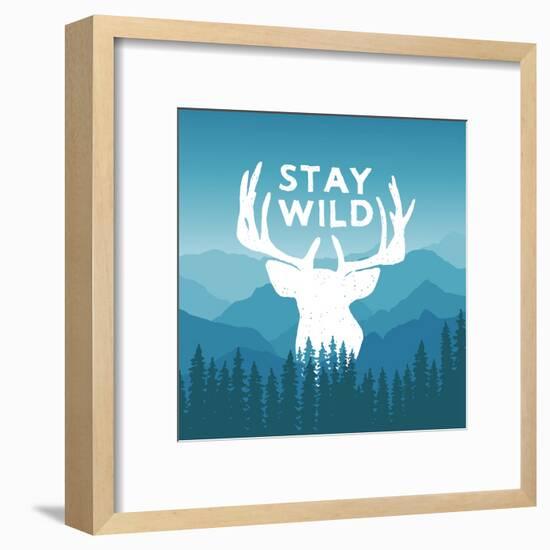 Hand Drawn Wilderness Typography Poster with Deer and Pine Trees. Stay Wild. Artwork for Hipster We-igorrita-Framed Art Print