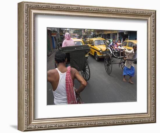 Hand Pulled Rickshaws and Yellow Taxis, Kolkata, West Bengal State, India-Eitan Simanor-Framed Photographic Print