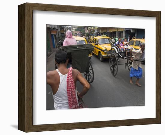 Hand Pulled Rickshaws and Yellow Taxis, Kolkata, West Bengal State, India-Eitan Simanor-Framed Photographic Print