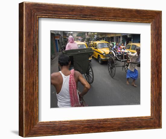 Hand Pulled Rickshaws and Yellow Taxis, Kolkata, West Bengal State, India-Eitan Simanor-Framed Photographic Print