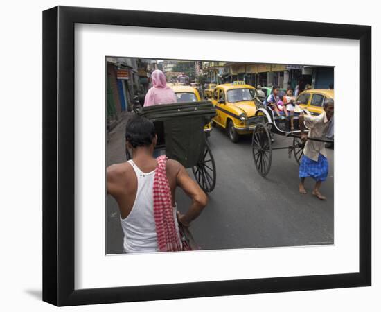 Hand Pulled Rickshaws and Yellow Taxis, Kolkata, West Bengal State, India-Eitan Simanor-Framed Photographic Print