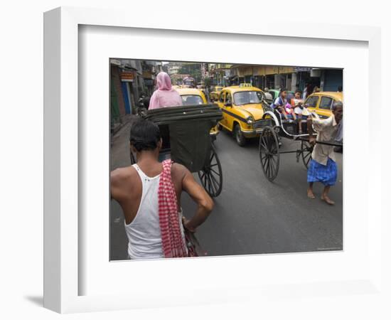 Hand Pulled Rickshaws and Yellow Taxis, Kolkata, West Bengal State, India-Eitan Simanor-Framed Photographic Print