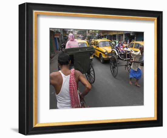 Hand Pulled Rickshaws and Yellow Taxis, Kolkata, West Bengal State, India-Eitan Simanor-Framed Photographic Print