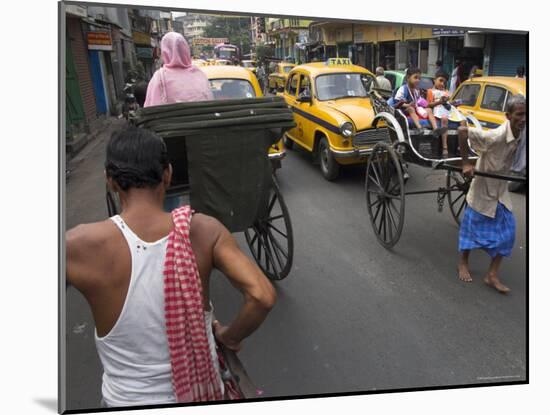 Hand Pulled Rickshaws and Yellow Taxis, Kolkata, West Bengal State, India-Eitan Simanor-Mounted Photographic Print