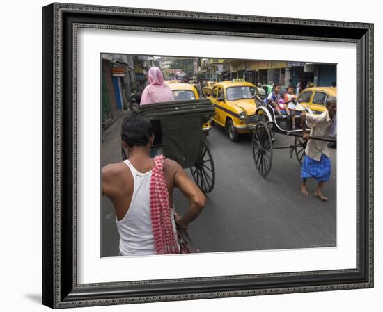 Hand Pulled Rickshaws and Yellow Taxis, Kolkata, West Bengal State, India-Eitan Simanor-Framed Photographic Print
