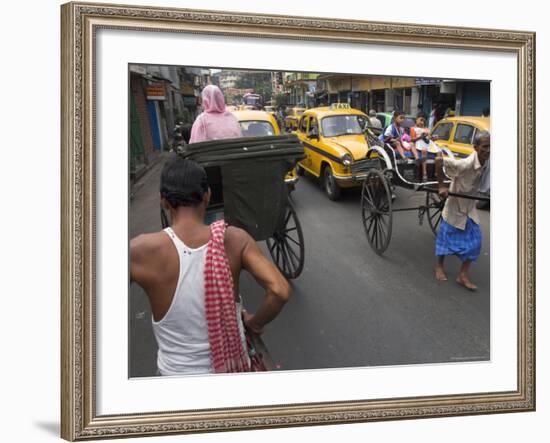 Hand Pulled Rickshaws and Yellow Taxis, Kolkata, West Bengal State, India-Eitan Simanor-Framed Photographic Print