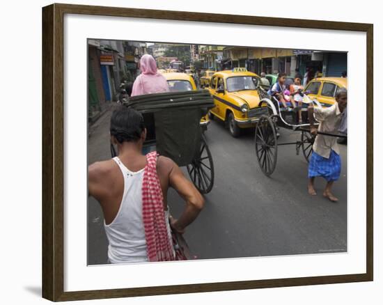 Hand Pulled Rickshaws and Yellow Taxis, Kolkata, West Bengal State, India-Eitan Simanor-Framed Photographic Print