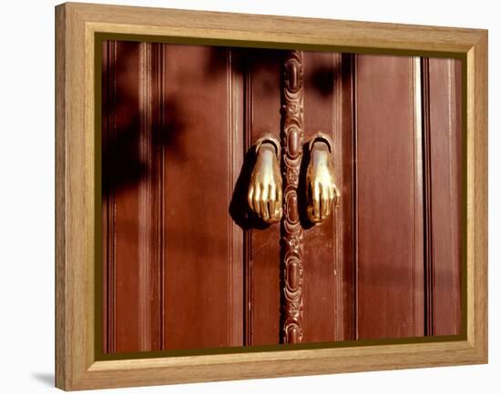 Hand shaped handles in brown door, Spain-Panoramic Images-Framed Premier Image Canvas