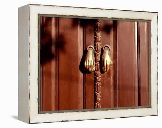 Hand shaped handles in brown door, Spain-Panoramic Images-Framed Premier Image Canvas