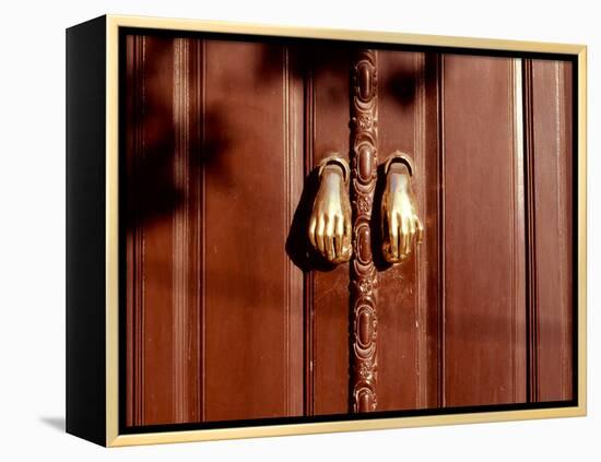 Hand shaped handles in brown door, Spain-Panoramic Images-Framed Premier Image Canvas