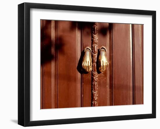 Hand shaped handles in brown door, Spain-Panoramic Images-Framed Photographic Print