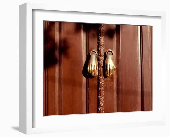 Hand shaped handles in brown door, Spain-Panoramic Images-Framed Photographic Print