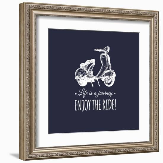 Hand Sketched Scooter Banner with Motivational Quote Life is a Journey, Enjoy the Ride in Speech Bu-Vlada Young-Framed Art Print