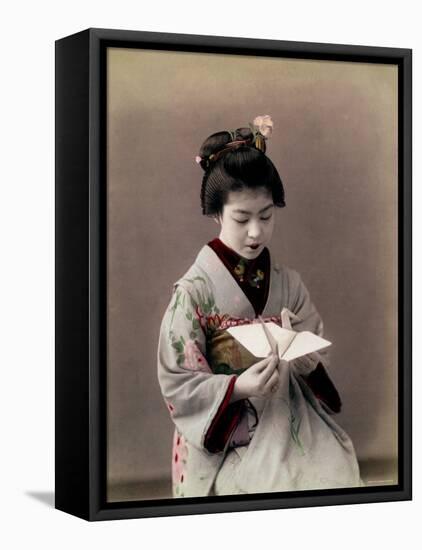 Hand Tinted Photograph of Japanese Dancing Girl Making Paper Bird-null-Framed Premier Image Canvas
