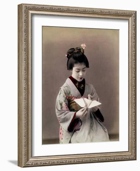 Hand Tinted Photograph of Japanese Dancing Girl Making Paper Bird-null-Framed Photographic Print