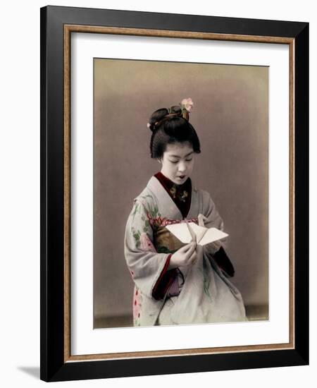 Hand Tinted Photograph of Japanese Dancing Girl Making Paper Bird-null-Framed Photographic Print