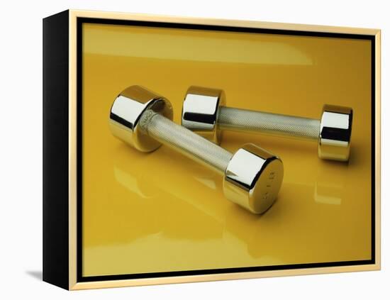 Hand Weights on a Reflective Yellow Surface-null-Framed Premier Image Canvas