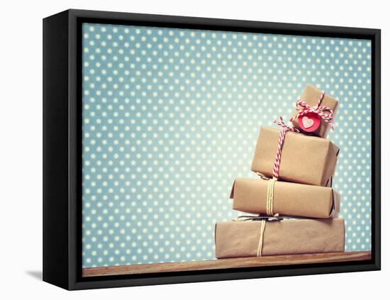 Handmade Gift Boxes over Polka Dots Background-Melpomene-Framed Premier Image Canvas