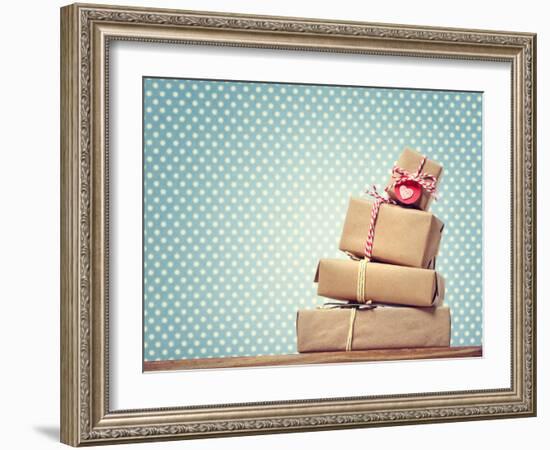 Handmade Gift Boxes over Polka Dots Background-Melpomene-Framed Photographic Print