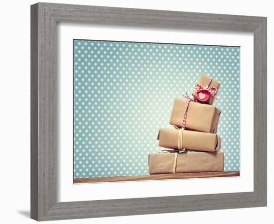 Handmade Gift Boxes over Polka Dots Background-Melpomene-Framed Photographic Print