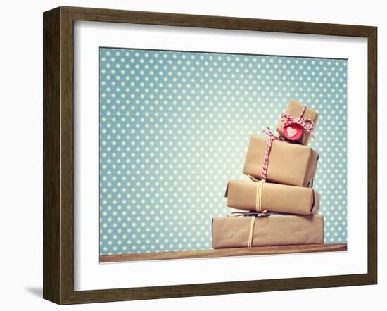 Handmade Gift Boxes over Polka Dots Background-Melpomene-Framed Photographic Print