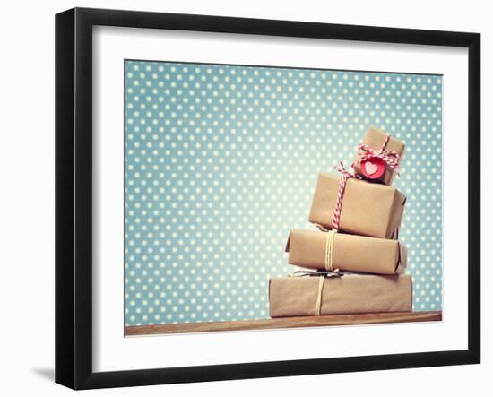 Handmade Gift Boxes over Polka Dots Background-Melpomene-Framed Photographic Print