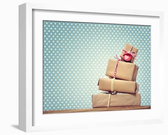 Handmade Gift Boxes over Polka Dots Background-Melpomene-Framed Photographic Print