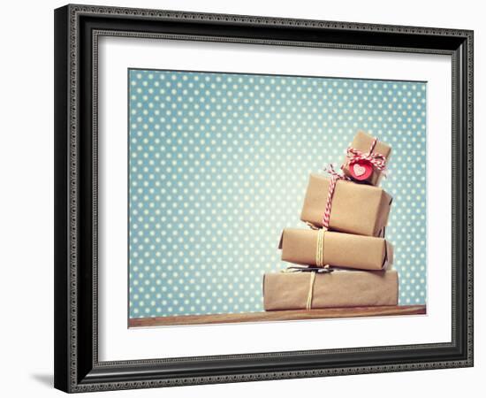 Handmade Gift Boxes over Polka Dots Background-Melpomene-Framed Photographic Print