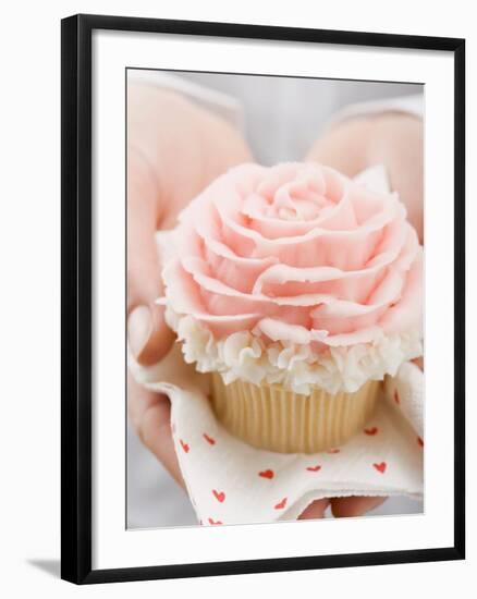 Hands Holding Cupcake with Marzipan Rose-null-Framed Photographic Print